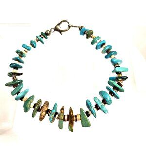 Kingman Turquoise, Shell Heishi and Silver Beaded Bracelet W/Lobster Claw Clasp